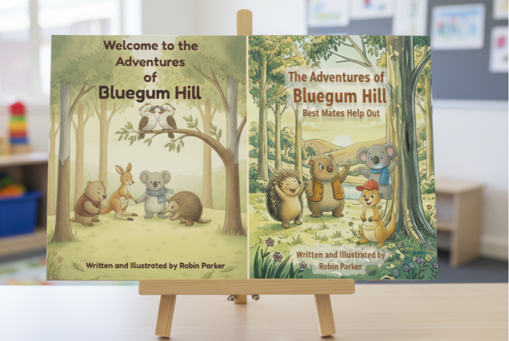 Adventures of Bluegum Hill books on easel